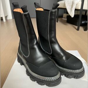 Ganni Cleated Leather Black Chelsea Boots
